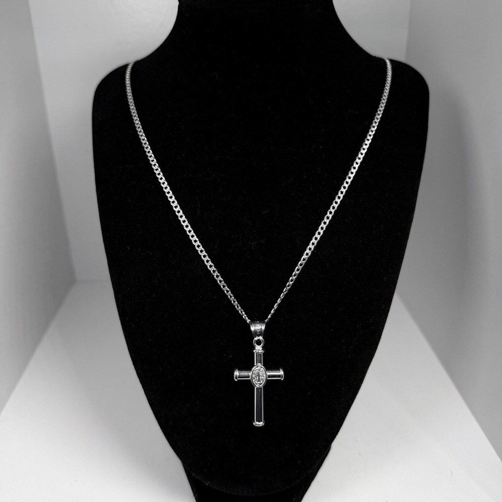Sterling Silver San Benito Cross Pendant Necklace 24 Inch 3mm Curb Chain 925
